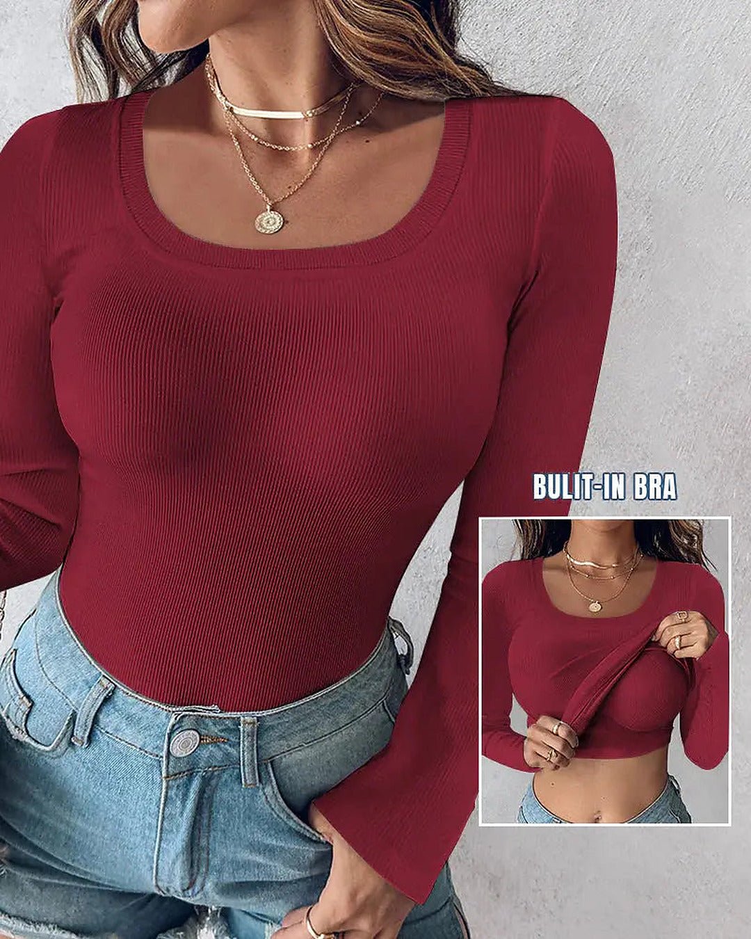 Easy Built-in-Bra Long Sleeve Top in Burgundy