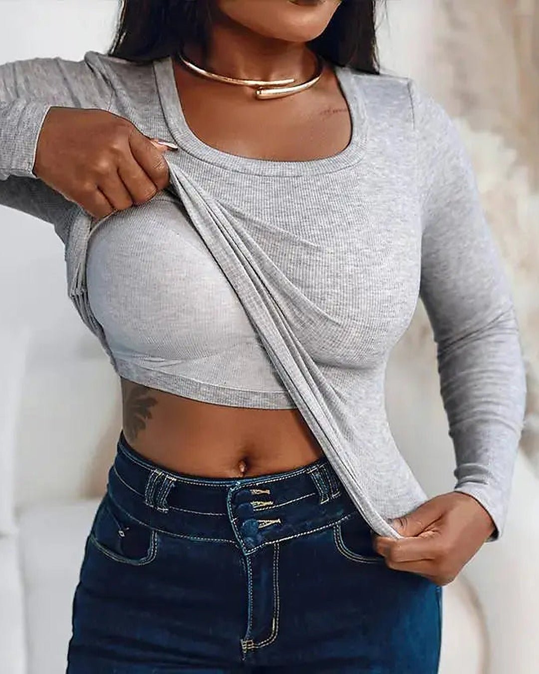 Easy Built-in-Bra Long Sleeve Top in Grey