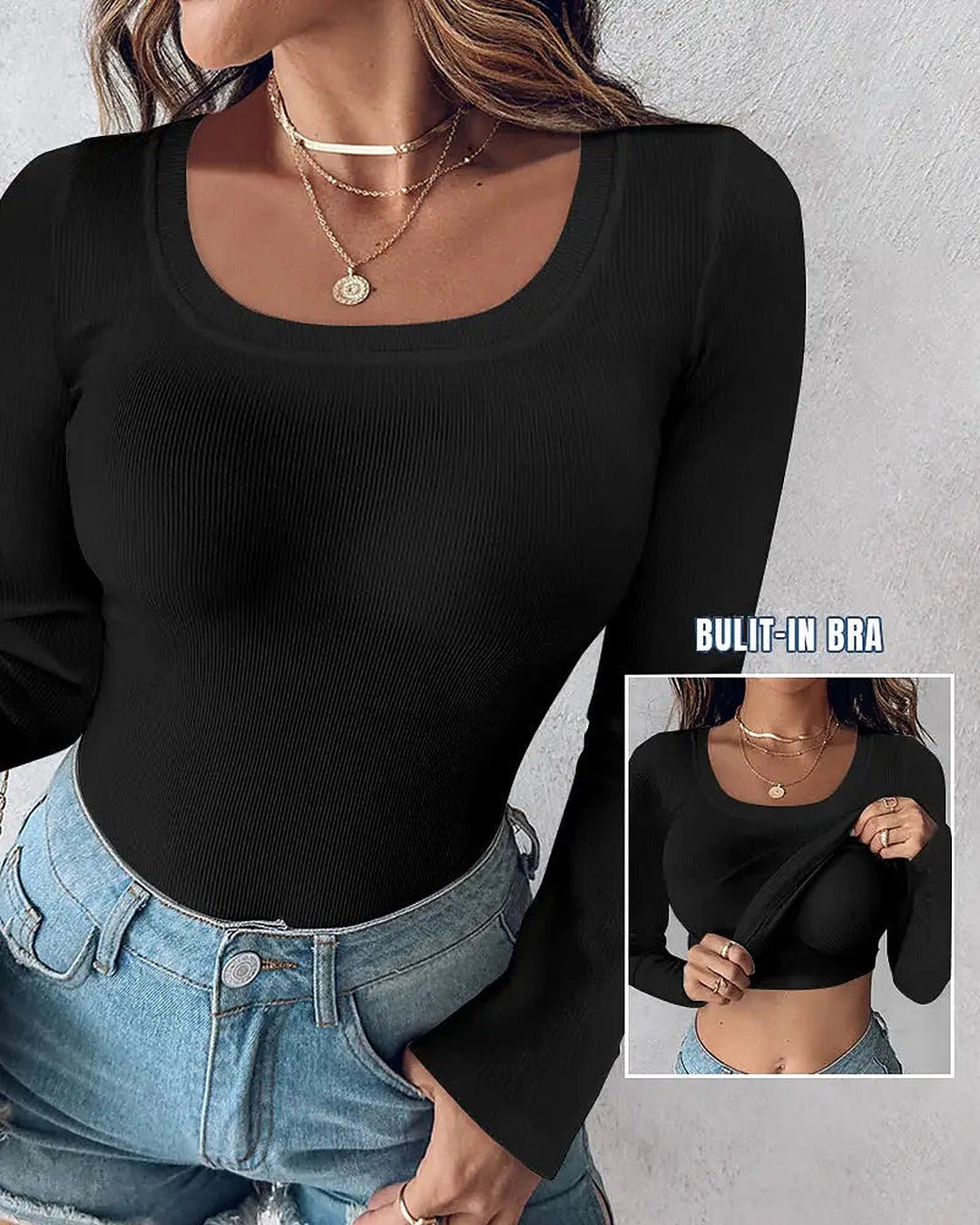 Easy Built-in-Bra Long Sleeve Top in Black