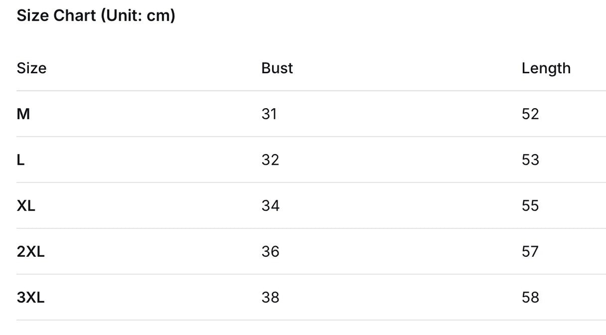 Easy Built-in-Bra Tank size chart